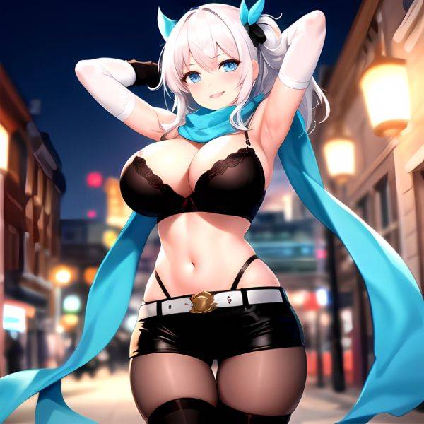 1girl Armpits Arms Behind Head Belt Black Bra Black Gloves Black Pantyhose Blue Eyes Blurry Blurry Background Bra Breasts Curvy, 2773062851 - AIHentai - aihentai.co on pornintellect.com