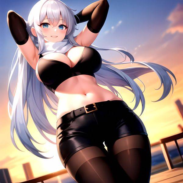 1girl Armpits Arms Behind Head Belt Black Bra Black Gloves Black Pantyhose Blue Eyes Blurry Blurry Background Bra Breasts Curvy, 3388296019 - AIHentai - aihentai.co on pornintellect.com