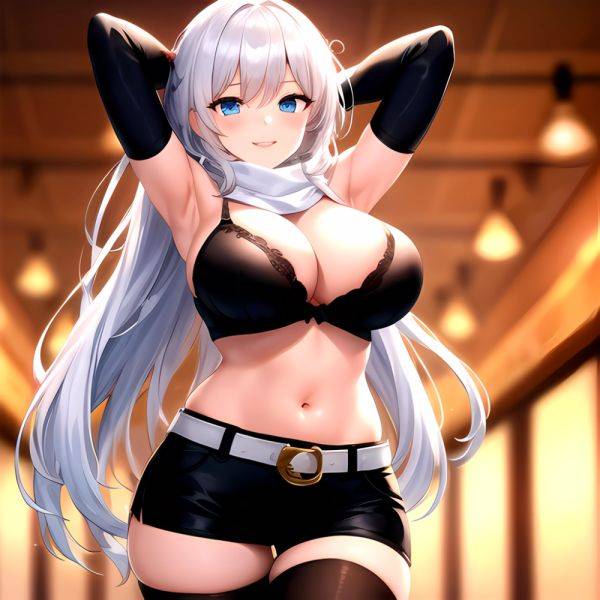 1girl Armpits Arms Behind Head Belt Black Bra Black Gloves Black Pantyhose Blue Eyes Blurry Blurry Background Bra Breasts Curvy, 1827826140 - AIHentai - aihentai.co on pornintellect.com