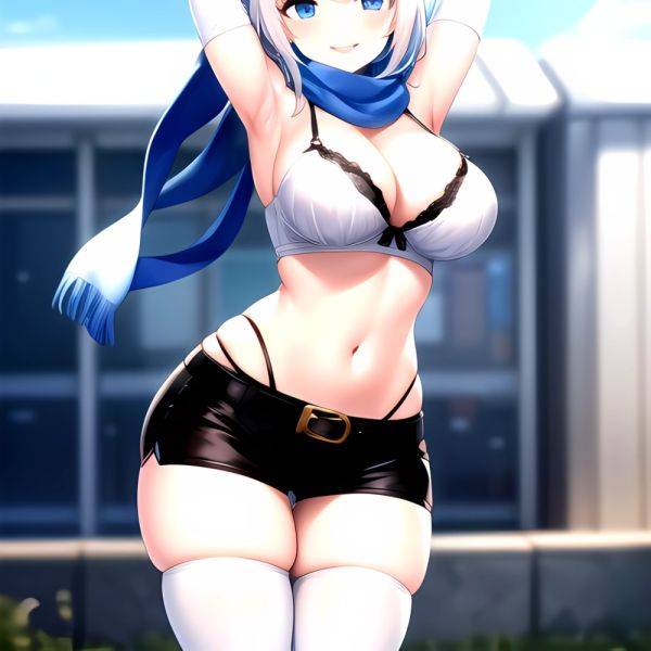 1girl Armpits Arms Behind Head Belt Black Bra Black Gloves Black Pantyhose Blue Eyes Blurry Blurry Background Bra Breasts Curvy, 2087816818 - AIHentai - aihentai.co on pornintellect.com