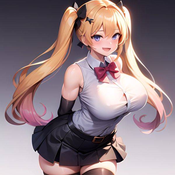 1girl Aymusk Belt Black Skirt Blonde Hair Blue Eyes Blush Bow Bowtie Breasts Curvy Elbow Gloves Fang Gloves Gradient Background, 2204001941 - AIHentai - aihentai.co on pornintellect.com
