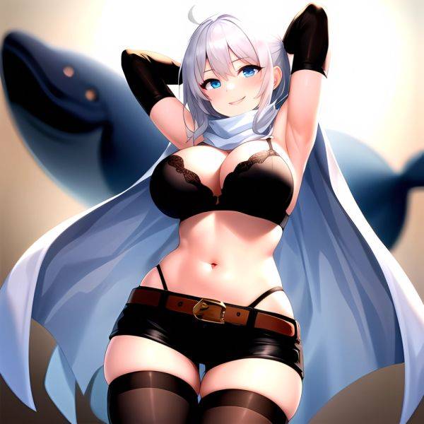 1girl Armpits Arms Behind Head Belt Black Bra Black Gloves Black Pantyhose Blue Eyes Blurry Blurry Background Bra Breasts Curvy, 909642269 - AIHentai - aihentai.co on pornintellect.com
