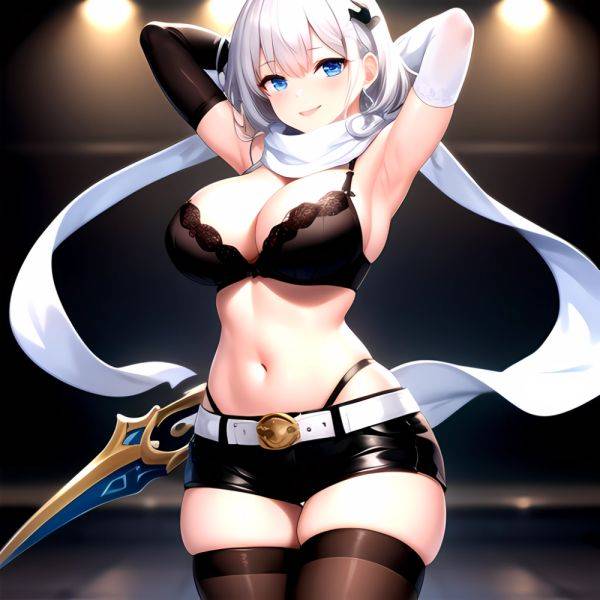 1girl Armpits Arms Behind Head Belt Black Bra Black Gloves Black Pantyhose Blue Eyes Blurry Blurry Background Bra Breasts Curvy, 3156120354 - AIHentai - aihentai.co on pornintellect.com