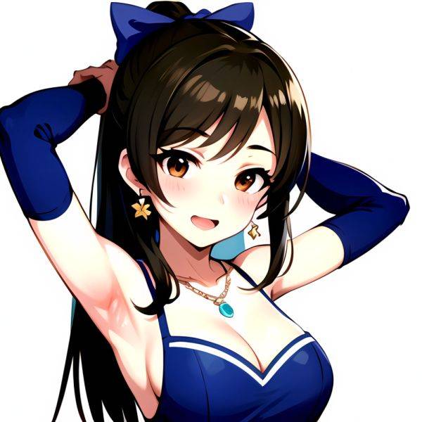 1girl Absurdres Armpits Arms Up Ayase Honoka Black Gloves Blue Bow Blue Dress Blush Bow Breasts Brown Eyes Brown Hair, 2152115453 - AIHentai - aihentai.co on pornintellect.com