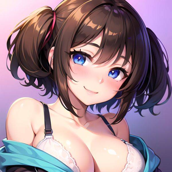 1girl Ai Generated Blue Eyes Blush Breasts Brown Hair Highres Large Breasts Light Smile Looking At Viewer Purple Background Shor, 3454507004 - AIHentai - aihentai.co on pornintellect.com