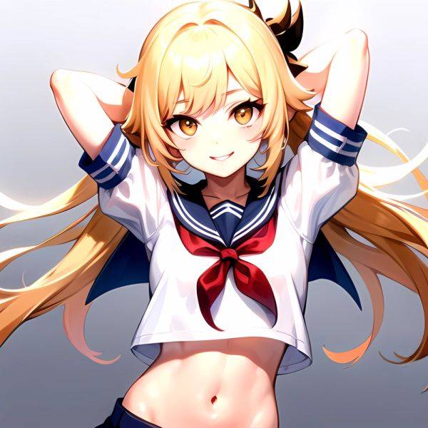 1girl Arms Up Arms Behind Head Blonde Hair Blue Skirt Bow Crop Top Crop Top Overhang Genshin Impact Gradient Background, 2664200005 - AIHentai - aihentai.co on pornintellect.com