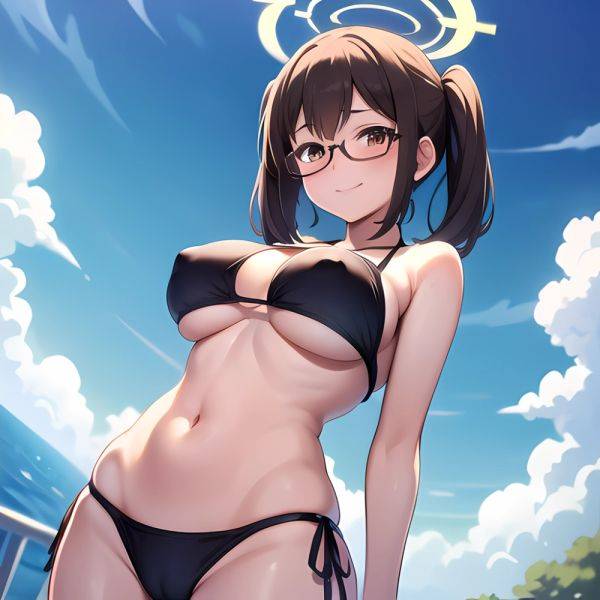 1girl Bikini Black Bikini Blue Archive Blue Sky Breasts Brown Eyes Brown Hair Closed Mouth Clothes Lift Cloud Covered Nipples, 879646757 - AIHentai - aihentai.co on pornintellect.com