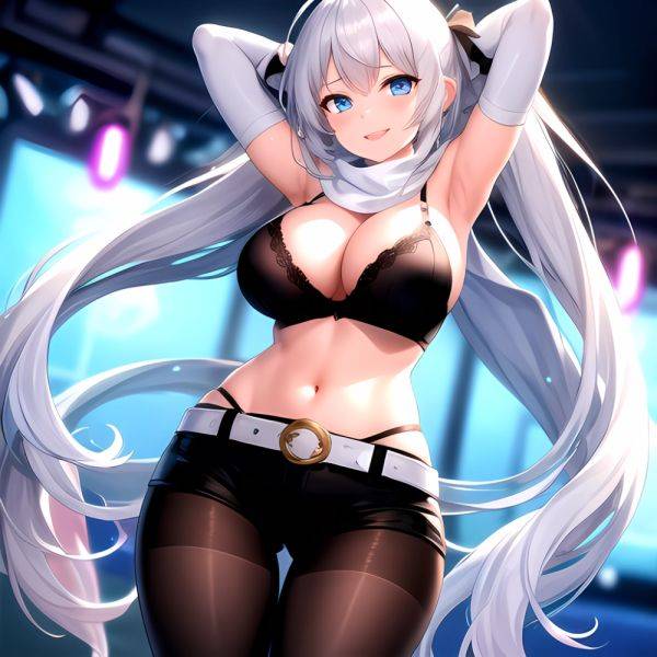 1girl Armpits Arms Behind Head Belt Black Bra Black Gloves Black Pantyhose Blue Eyes Blurry Blurry Background Bra Breasts Curvy, 2646483971 - AIHentai - aihentai.co on pornintellect.com