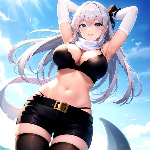 1girl Armpits Arms Behind Head Belt Black Bra Black Gloves Black Pantyhose Blue Eyes Blurry Blurry Background Bra Breasts Curvy, 2510043250 - AIHentai - aihentai.co on pornintellect.com