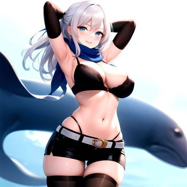 1girl Armpits Arms Behind Head Belt Black Bra Black Gloves Black Pantyhose Blue Eyes Blurry Blurry Background Bra Breasts Curvy, 3304684514 - AIHentai - aihentai.co on pornintellect.com