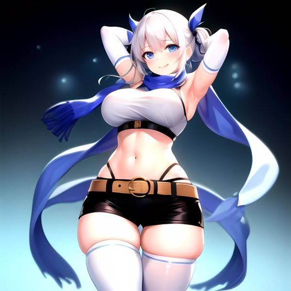 1girl Armpits Arms Behind Head Belt Black Bra Black Gloves Black Pantyhose Blue Eyes Blurry Blurry Background Bra Breasts Curvy, 3512538347 - AIHentai - aihentai.co on pornintellect.com