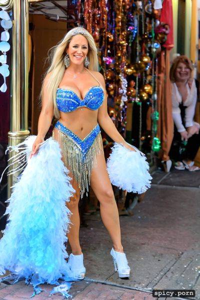 Color portrait, long hair, 57 yo beautiful performing white mardi gras dancer on bourbon street - spicy.porn on pornintellect.com