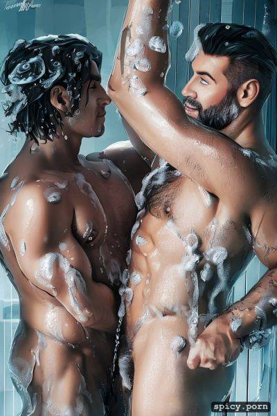 Two muscular 40 year old men rubbing soap on each other in the shower - spicy.porn on pornintellect.com