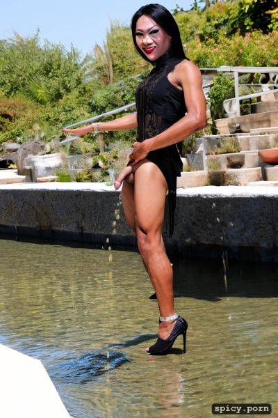 Asian shemale, 39 years old, black high heels, outdoors, pissing long stream of fluid - spicy.porn on pornintellect.com