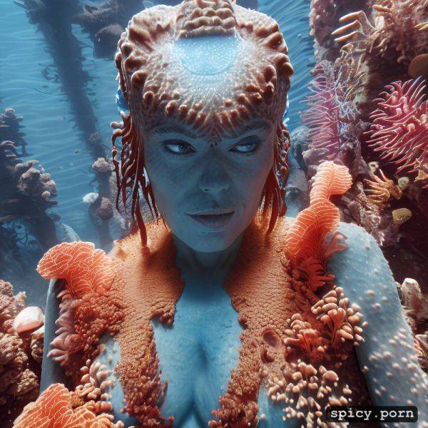 Realistic, visible nipple, masterpiece, young sigourney weaver as blue alien from the movie avatar sigourney weaver swimming underwater near a coral reef wearing tribal top and thong - spicy.porn on pornintellect.com