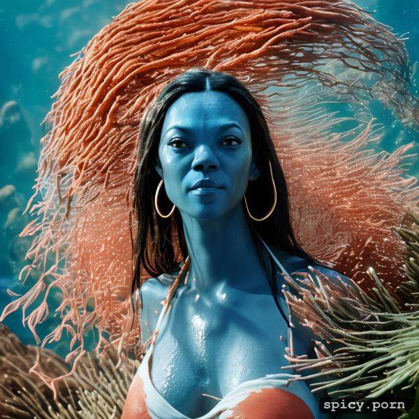 Realistic, visible nipple, masterpiece, zoe saldana as blue alien from the movie avatar zoe saldana swimming underwater near a coral reef wearing tribal top and thong - spicy.porn on pornintellect.com