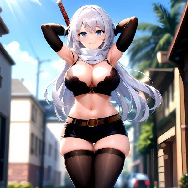 1girl Armpits Arms Behind Head Belt Black Bra Black Gloves Black Pantyhose Blue Eyes Blurry Blurry Background Bra Breasts Curvy, 1722190258 - AIHentai - aihentai.co on pornintellect.com