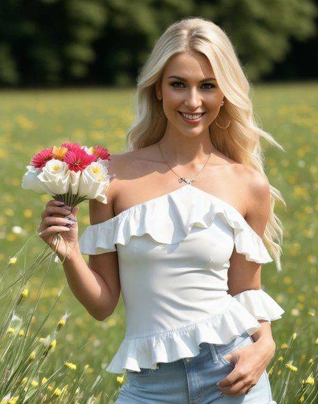 AI generated beauty Nadya Hudson strips & shows her boobs in a meadow - pornpics.com on pornintellect.com