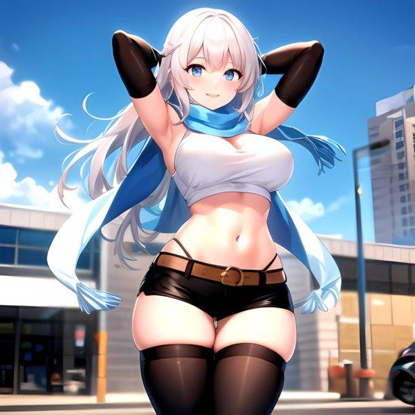 1girl Armpits Arms Behind Head Belt Black Bra Black Gloves Black Pantyhose Blue Eyes Blurry Blurry Background Bra Breasts Curvy, 1807688093 - AIHentai - aihentai.co on pornintellect.com