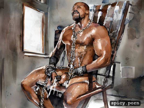 Cum running down dick and balls, white gay bodybuilder handcuffed and chained naked to a chair - spicy.porn on pornintellect.com