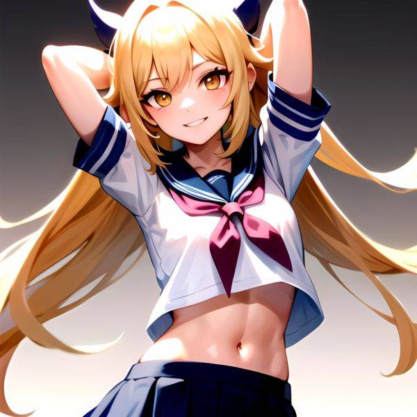 1girl Arms Up Arms Behind Head Blonde Hair Blue Skirt Bow Crop Top Crop Top Overhang Genshin Impact Gradient Background, 4190590673 - AIHentai - aihentai.co on pornintellect.com