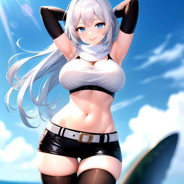 1girl Armpits Arms Behind Head Belt Black Bra Black Gloves Black Pantyhose Blue Eyes Blurry Blurry Background Bra Breasts Curvy, 2844200688 - AIHentai - aihentai.co on pornintellect.com