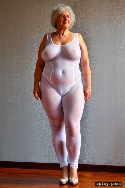 A standing obese 80 yo fat woman wearing white very transparent tight bodysuit with white legs - spicy.porn on pornintellect.com