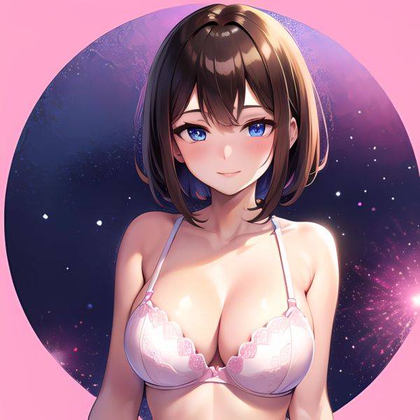 1girl Ai Generated Blue Eyes Blush Breasts Brown Hair Highres Large Breasts Light Smile Looking At Viewer Pink Background Short, 4164532724 - AIHentai - aihentai.co on pornintellect.com