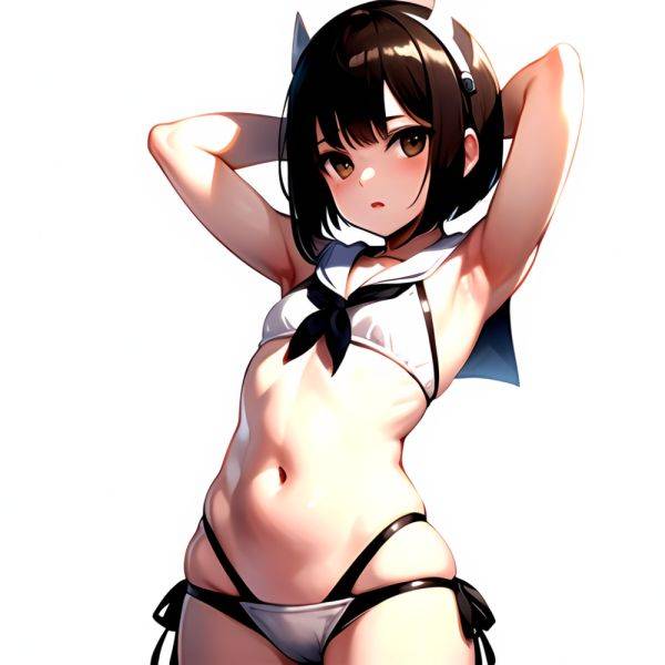 1girl Arms Up Arms Behind Head Bikini Bob Cut Brown Eyes Brown Hair Cosplay Cowboy Shot Flat Chest Headgear Inverted, 190350496 - AIHentai - aihentai.co on pornintellect.com