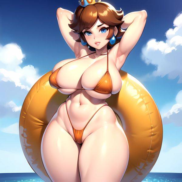 1girl Areola Slip Armpits Arms Behind Head Bikini Blue Eyes Blush Breasts Brown Hair Cleavage Huge Breasts Legs Mario Series, 3133790724 - AIHentai - aihentai.co on pornintellect.com