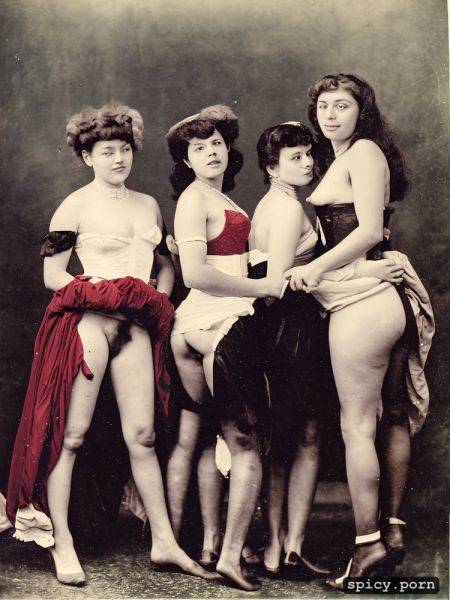 19th century photography, two young ladies fully dressed lifting their skirts and putting dildos in their hairy pussies - spicy.porn on pornintellect.com