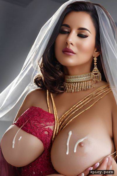 Highres, big f cup boobs, ultra detailed, busty natural indian 20 years old wearing wedding dress with cum on face and boobs - spicy.porn - India on pornintellect.com