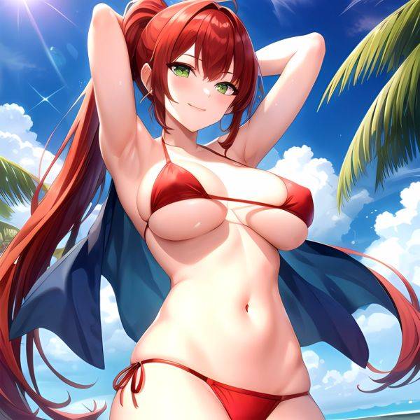 1girl Armpits Arms Behind Head Arms Up Bikini Breasts Closed Mouth Collarbone Covered Nipples Day Green Eyes Highres Jung Freud, 311069857 - AIHentai - aihentai.co on pornintellect.com