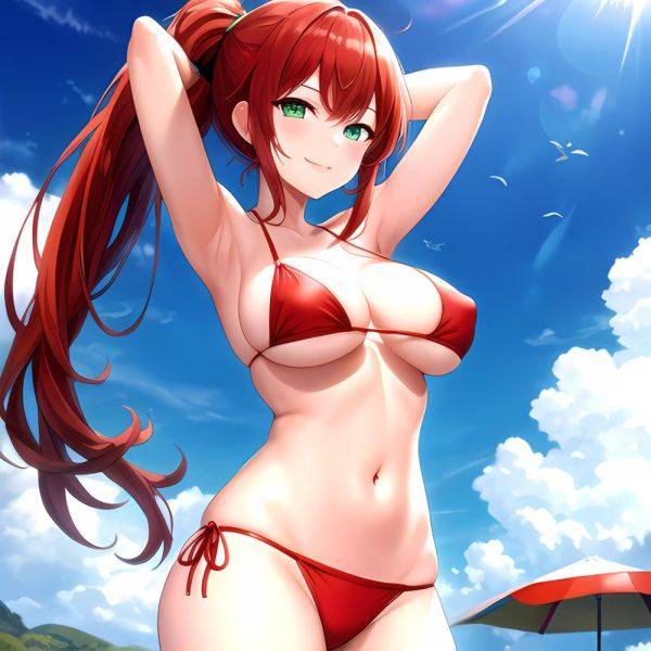 1girl Armpits Arms Behind Head Arms Up Bikini Breasts Closed Mouth Collarbone Covered Nipples Day Green Eyes Highres Jung Freud, 48626705 - AIHentai - aihentai.co on pornintellect.com