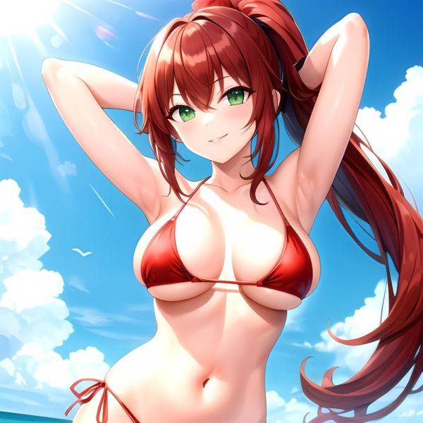 1girl Armpits Arms Behind Head Arms Up Bikini Breasts Closed Mouth Collarbone Covered Nipples Day Green Eyes Highres Jung Freud, 3873625334 - AIHentai - aihentai.co on pornintellect.com