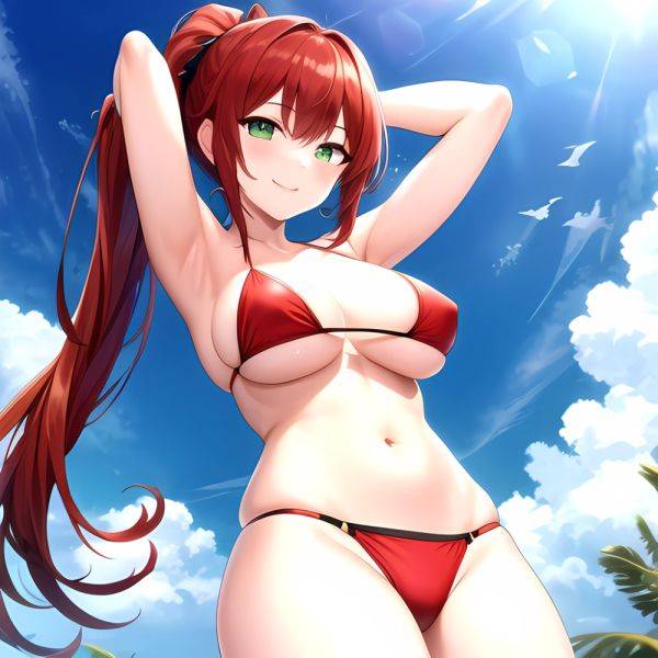 1girl Armpits Arms Behind Head Arms Up Bikini Breasts Closed Mouth Collarbone Covered Nipples Day Green Eyes Highres Jung Freud, 753895 - AIHentai - aihentai.co on pornintellect.com