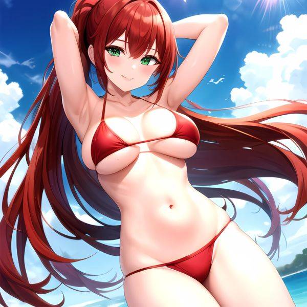 1girl Armpits Arms Behind Head Arms Up Bikini Breasts Closed Mouth Collarbone Covered Nipples Day Green Eyes Highres Jung Freud, 1792630197 - AIHentai - aihentai.co on pornintellect.com