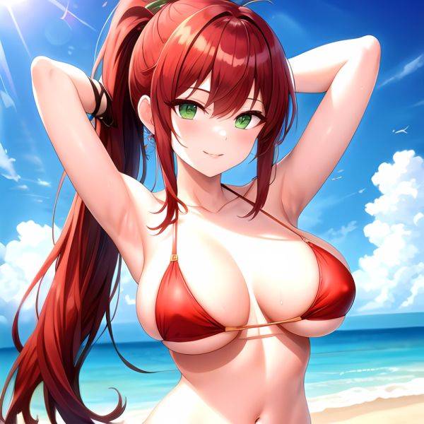 1girl Armpits Arms Behind Head Bikini Breasts Closed Mouth Collarbone Covered Nipples Day Green Eyes Highres Jung Freud Large Br, 2237781753 - AIHentai - aihentai.co on pornintellect.com