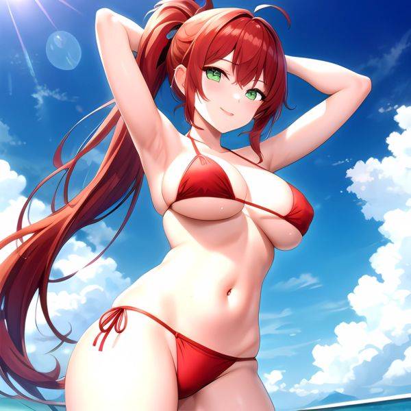 1girl Armpits Arms Behind Head Arms Up Bikini Breasts Closed Mouth Collarbone Covered Nipples Day Green Eyes Highres Jung Freud, 2788443132 - AIHentai - aihentai.co on pornintellect.com