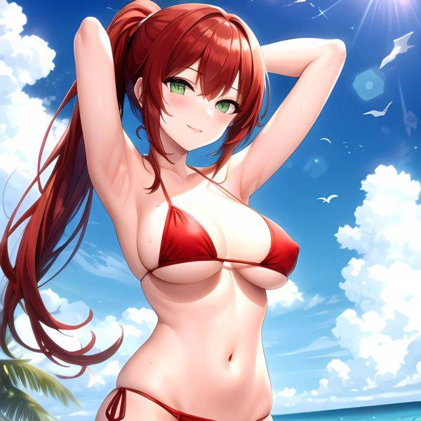 1girl Armpits Arms Behind Head Arms Up Bikini Breasts Closed Mouth Collarbone Covered Nipples Day Green Eyes Highres Jung Freud, 3013280535 - AIHentai - aihentai.co on pornintellect.com