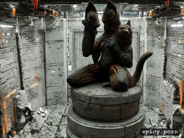 Seen in a nuclear vault, small, scary metall figure in a non terrestrial style of a kind of squirrel and cat mixture like horror creature sitting on a pedestal - spicy.porn on pornintellect.com