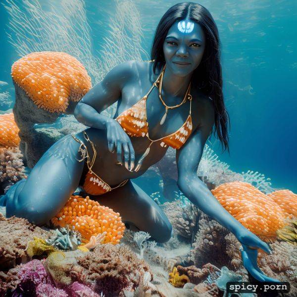 Realistic, visible nipple, masterpiece, zoe saldana as blue alien from the movie avatar zoe saldana swimming underwater near a coral reef wearing tribal top and thong - spicy.porn on pornintellect.com