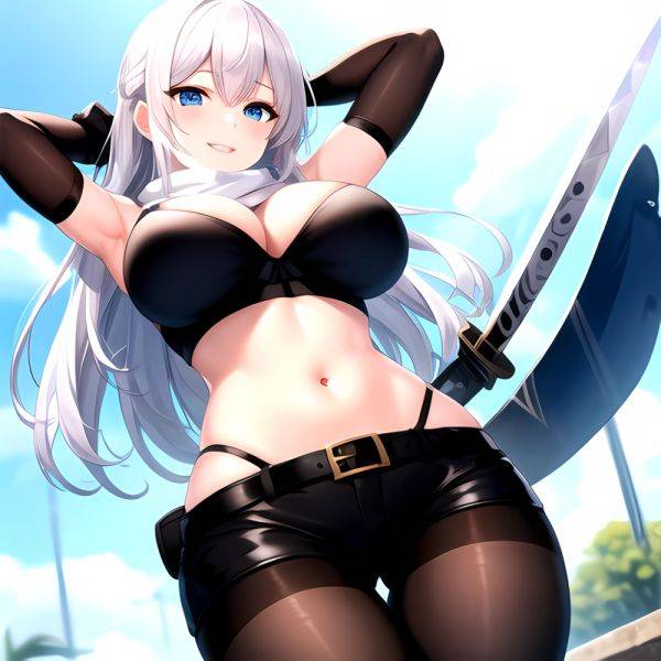 1girl Armpits Arms Behind Head Belt Black Bra Black Gloves Black Pantyhose Blue Eyes Blurry Blurry Background Bra Breasts Curvy, 3803973959 - AIHentai - aihentai.co on pornintellect.com