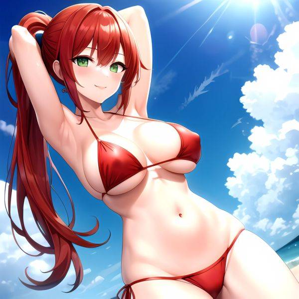 1girl Armpits Arms Behind Head Bikini Breasts Closed Mouth Collarbone Covered Nipples Day Green Eyes Highres Jung Freud Large Br, 4082253851 - AIHentai - aihentai.co on pornintellect.com