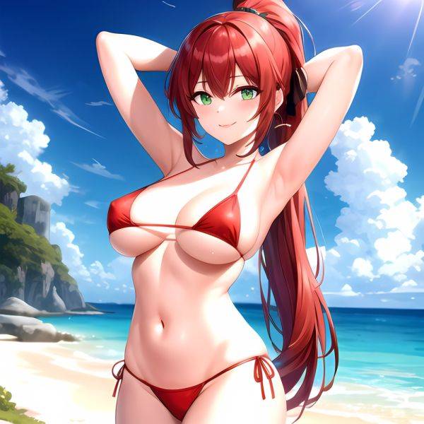 1girl Armpits Arms Behind Head Bikini Breasts Closed Mouth Collarbone Covered Nipples Day Green Eyes Highres Jung Freud Large Br, 3045774306 - AIHentai - aihentai.co on pornintellect.com