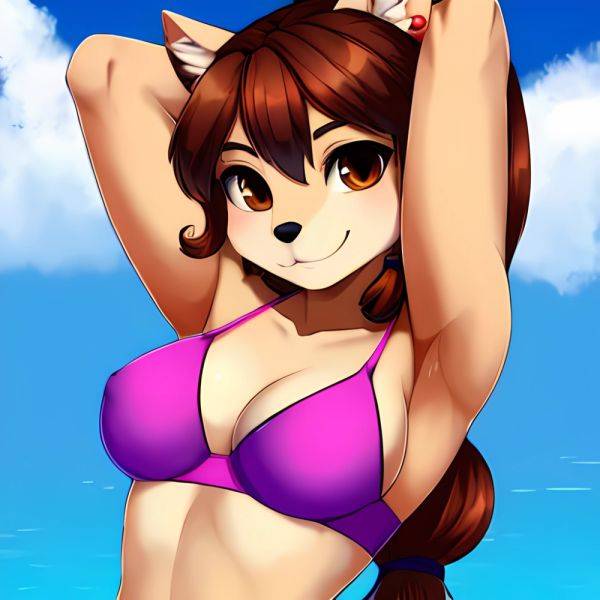 1girl Armpits Arms Behind Head Bikini Brown Eyes Brown Hair Cowboy Shot Dot Nose Flat Chest From Side Hair Ornament, 3980702845 - AIHentai - aihentai.co on pornintellect.com