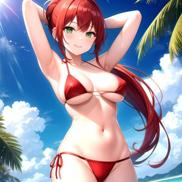1girl Armpits Arms Behind Head Arms Up Bikini Breasts Closed Mouth Collarbone Covered Nipples Day Green Eyes Highres Jung Freud, 3783754065 - AIHentai - aihentai.co on pornintellect.com