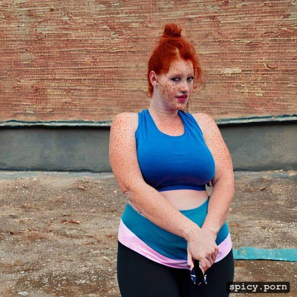 Natural red hair, highres, braless, masterpiece, freckles, wearing a blue tank top and blue yoga pants - spicy.porn on pornintellect.com