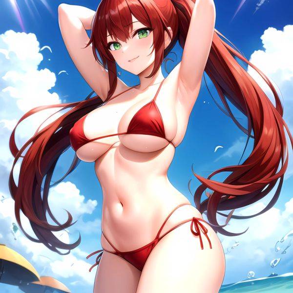 1girl Armpits Arms Behind Head Arms Up Bikini Breasts Closed Mouth Collarbone Covered Nipples Day Green Eyes Highres Jung Freud, 4070734274 - AIHentai - aihentai.co on pornintellect.com