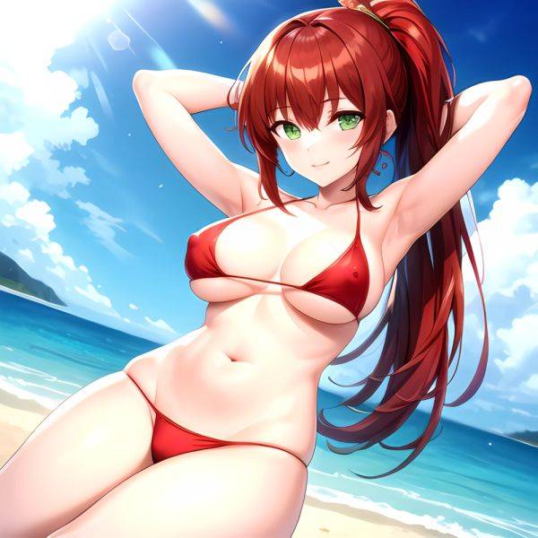 1girl Armpits Arms Behind Head Bikini Breasts Closed Mouth Collarbone Covered Nipples Day Green Eyes Highres Jung Freud Large Br, 49255254 - AIHentai - aihentai.co on pornintellect.com